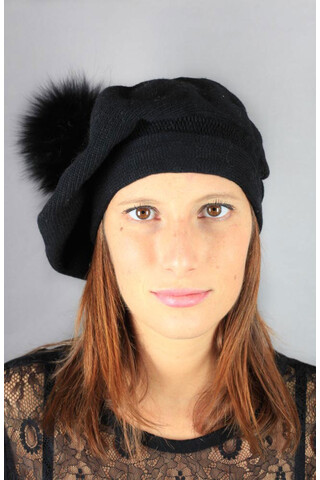 Wool beret with fox fur pom