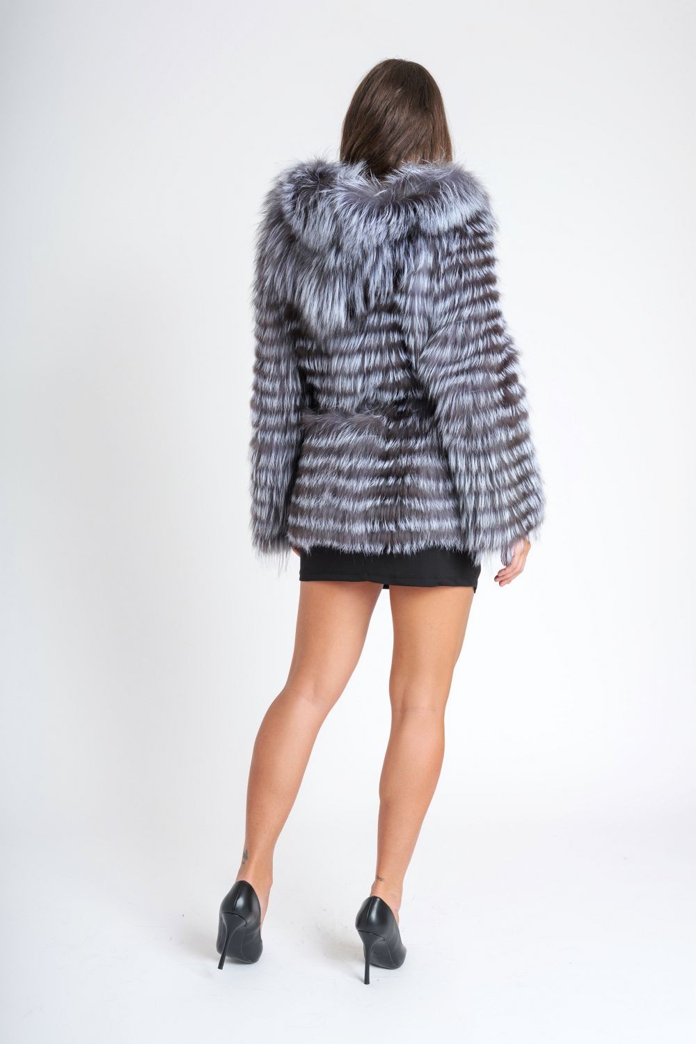 PELLICULE ribbon gather lib blouson グレー Silver fox jacket with wool inserts - Pellicceria Serra