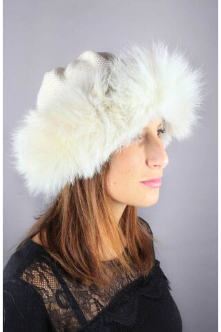 Fur trimmed wool cap.